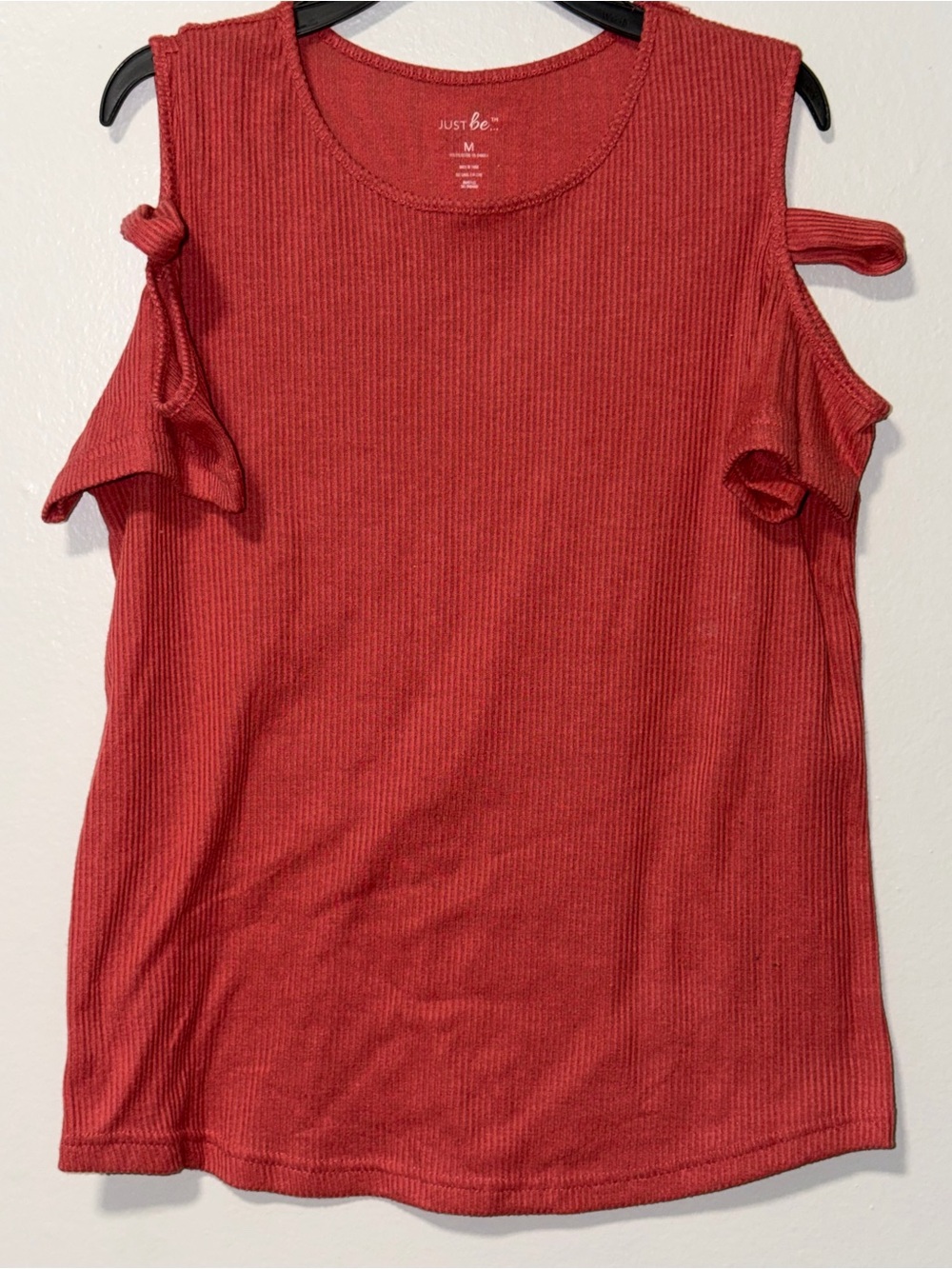 just be Red Ribbed Cold-Shoulder Tank with Tie Details